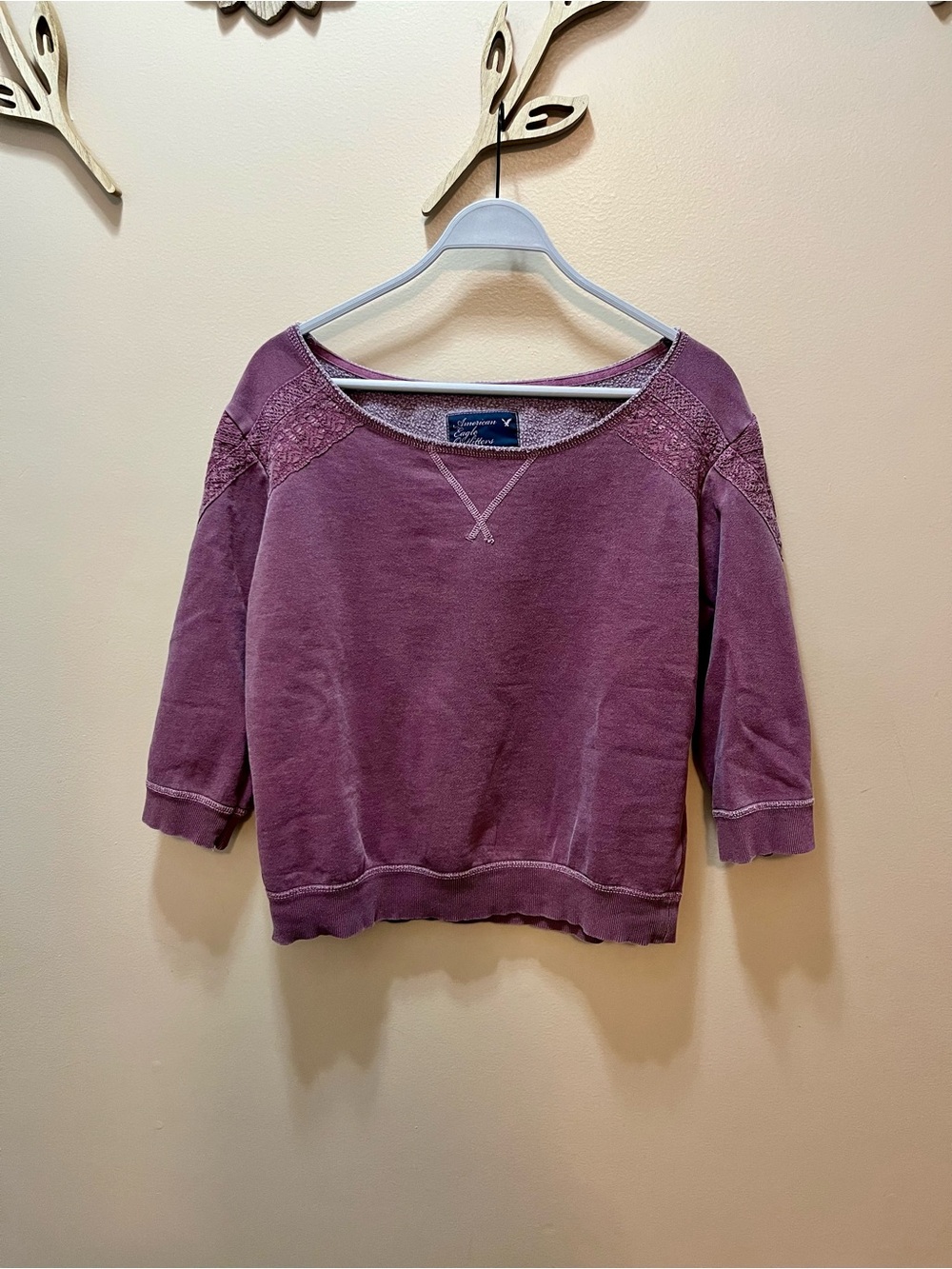 American Eagle 3/4 Sleeve Purple Wide Neck Sweatshirt Size Large